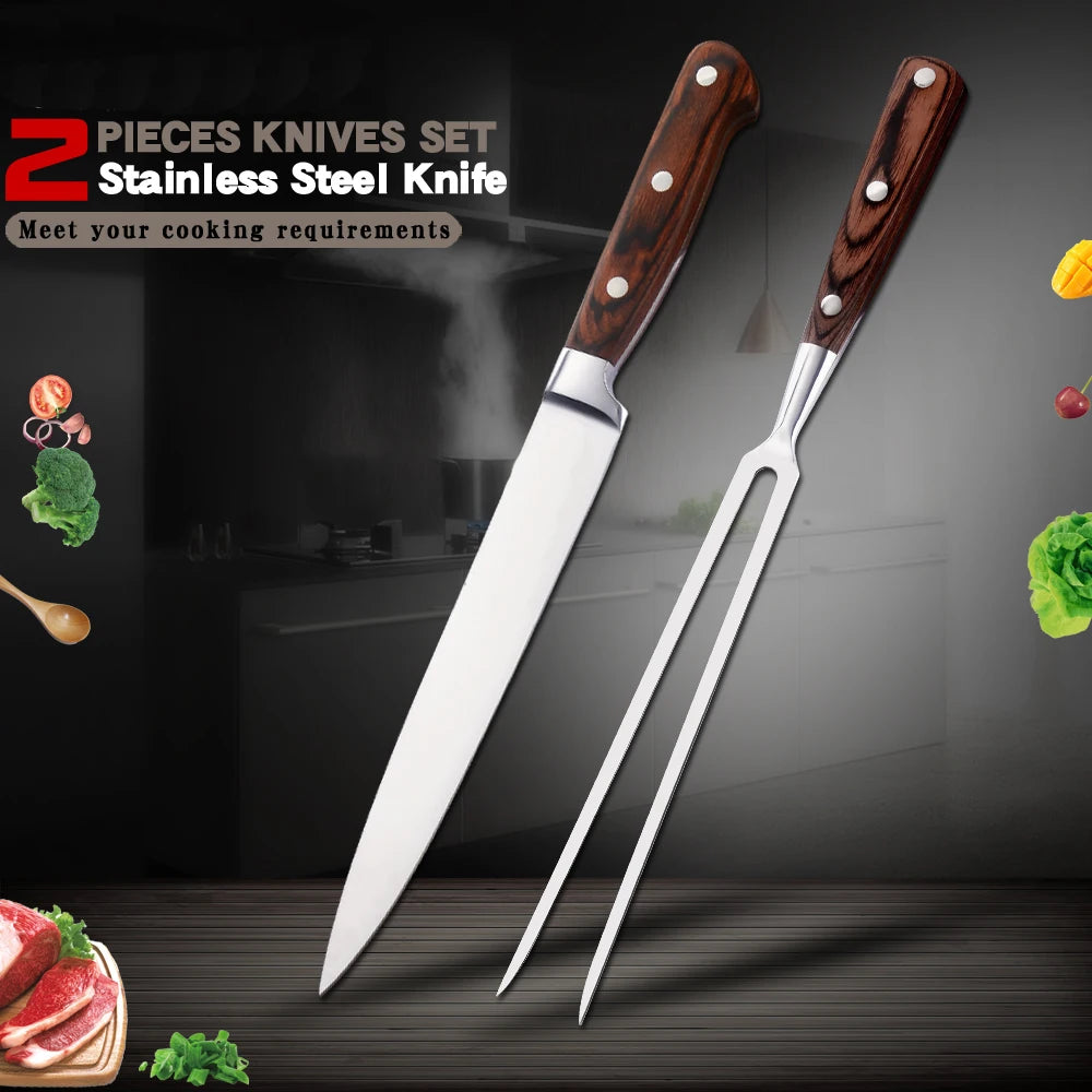 Stainless Steel Carving Knife Fork Set Brisket Slicing Knife Meat Cutting Teppanyaki Japanese Korea BBQ Resturant Chefs Tool