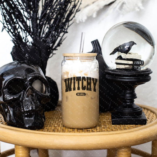 16oz Witchy Mama Glass Cup with Bamboo Lid & Straw