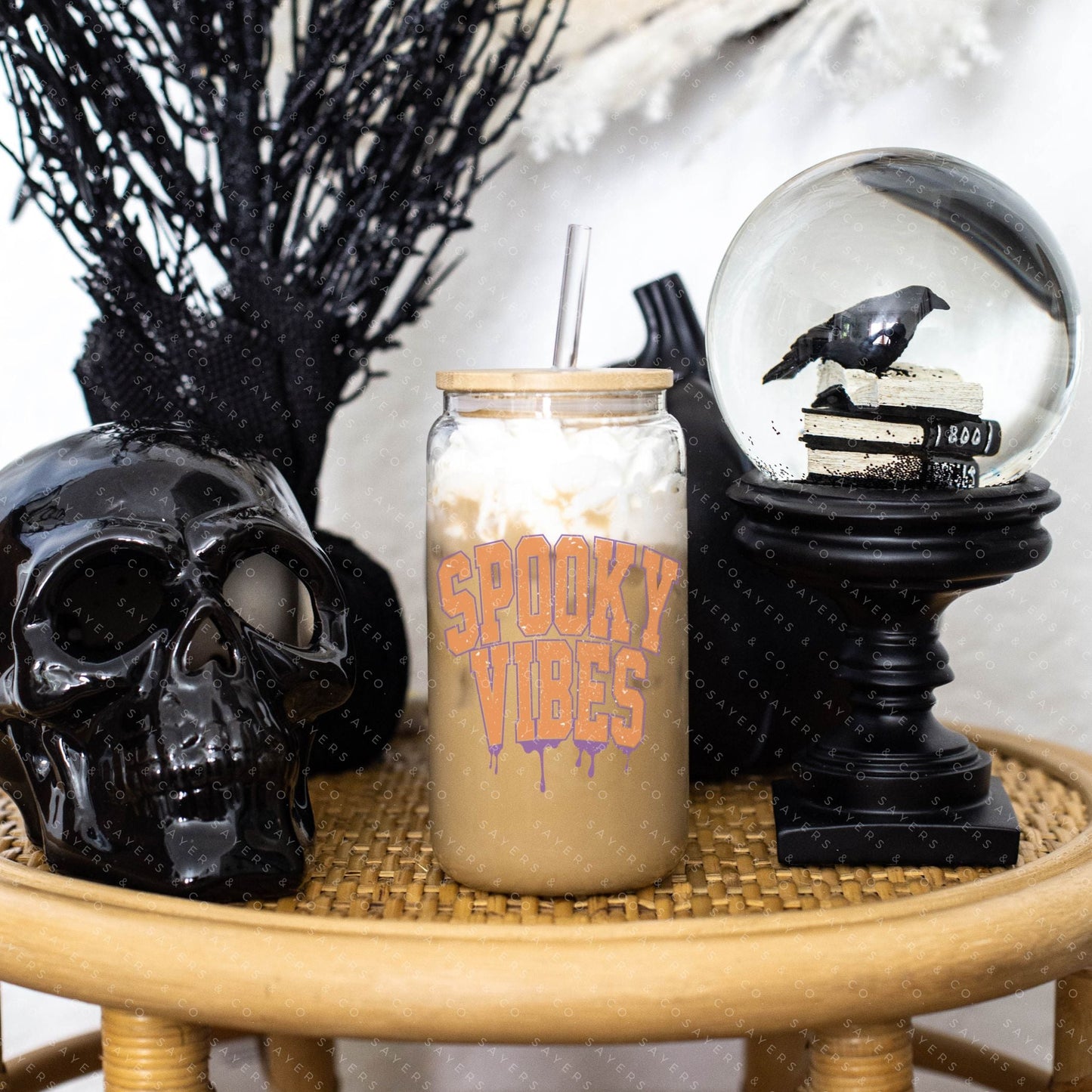 16oz Spooky Vibes Retro Glass Cup with Bamboo Lid & Straw