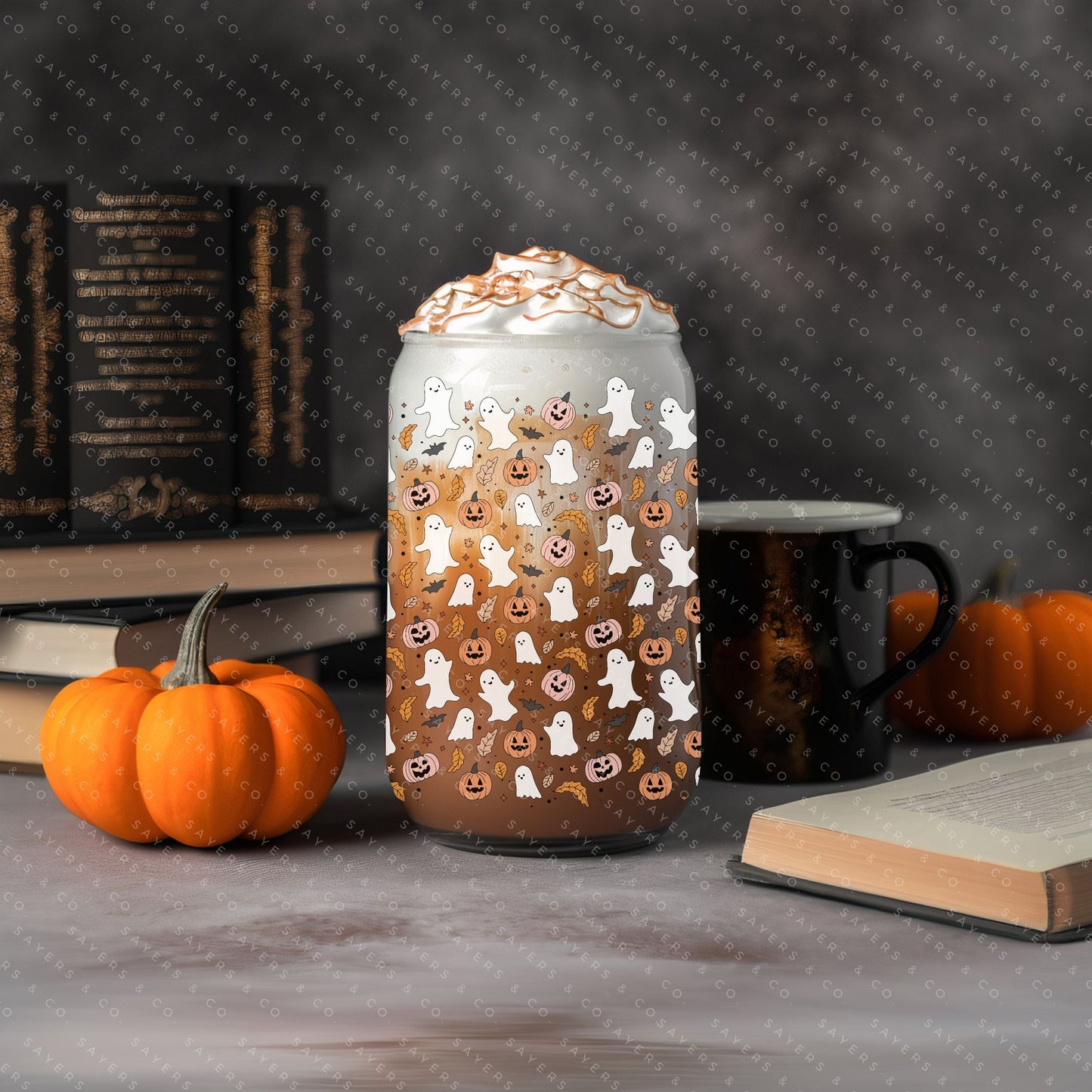 16oz Glass Cup with Bamboo Lid & Straw - Ghosts and pumpkin design