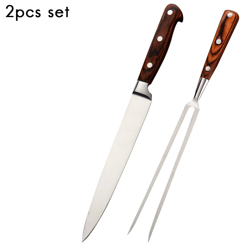 Stainless Steel Carving Knife Fork Set Brisket Slicing Knife Meat Cutting Teppanyaki Japanese Korea BBQ Resturant Chefs Tool