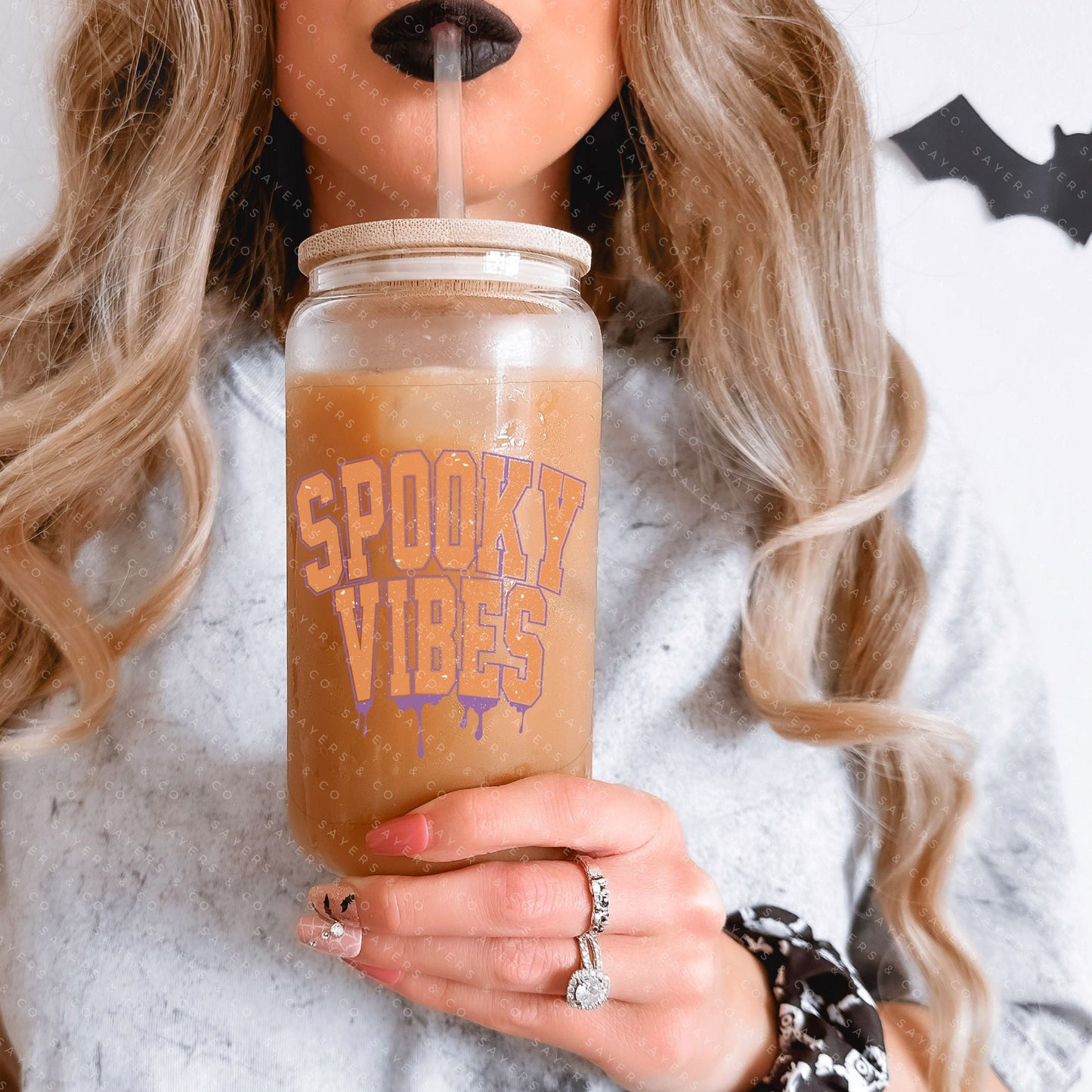 16oz Spooky Vibes Retro Glass Cup with Bamboo Lid & Straw