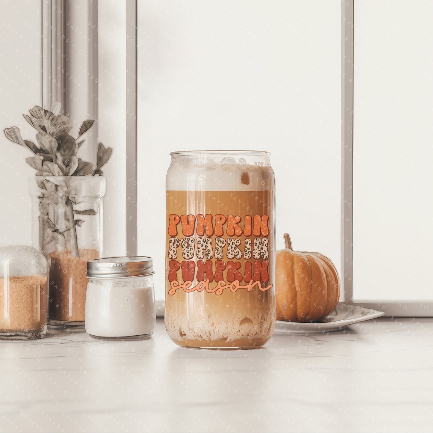 16oz Pumpkin Season Glass Cup with Bamboo Lid & Straw