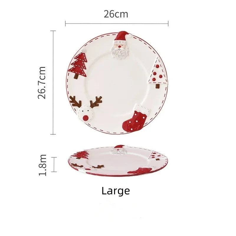 1Pc Christmas Ceramic Dish Creative Santa Claus Relief Round Plate Western dinner plate Cake Dessert Dish Christmas tableware