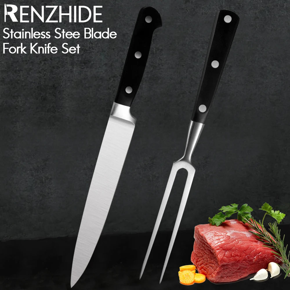 Stainless Steel Carving Knife Fork Set Brisket Slicing Knife Meat Cutting Teppanyaki Japanese Korea BBQ Resturant Chefs Tool