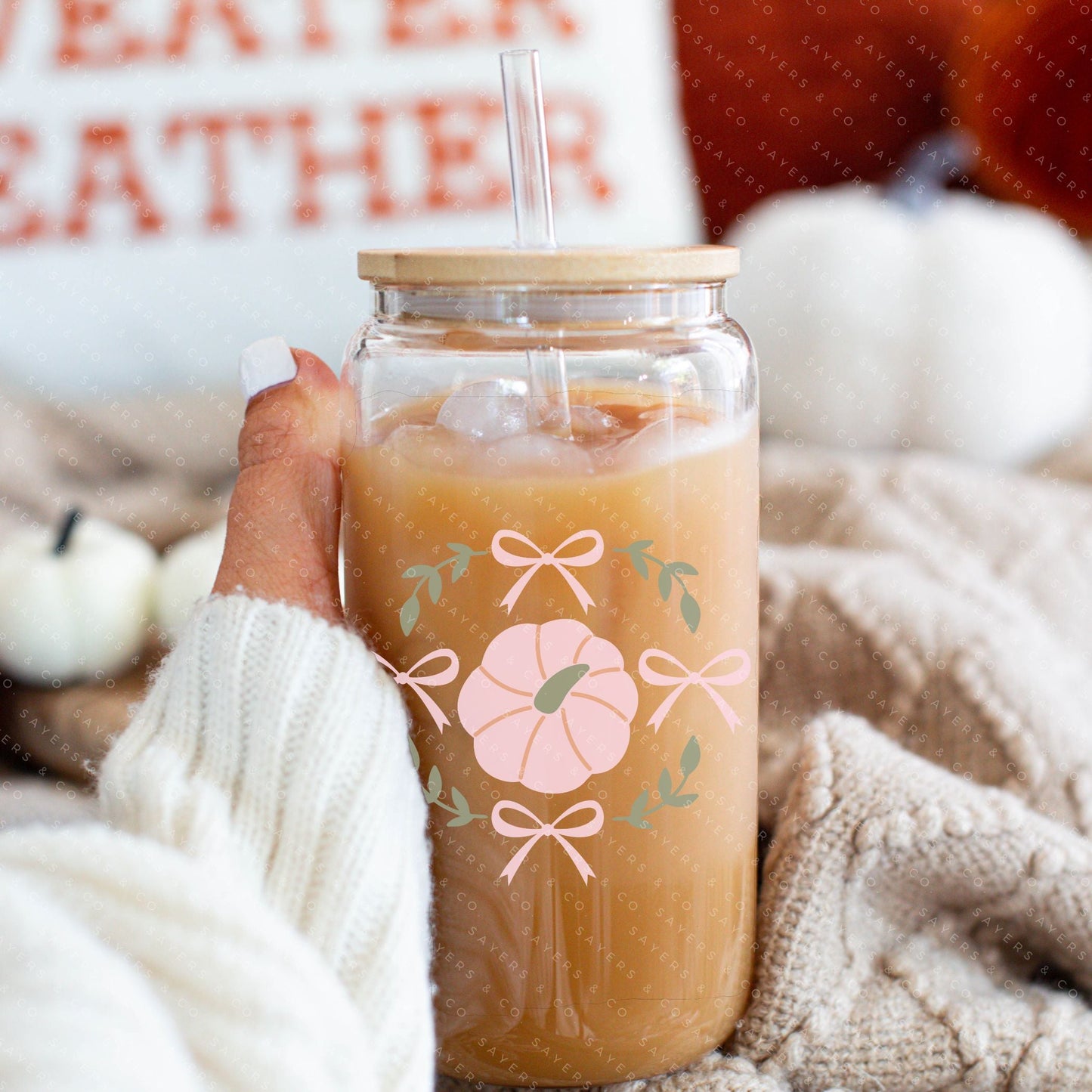 16oz Glass Cup with Bamboo Lid & Straw - Pumpkin design