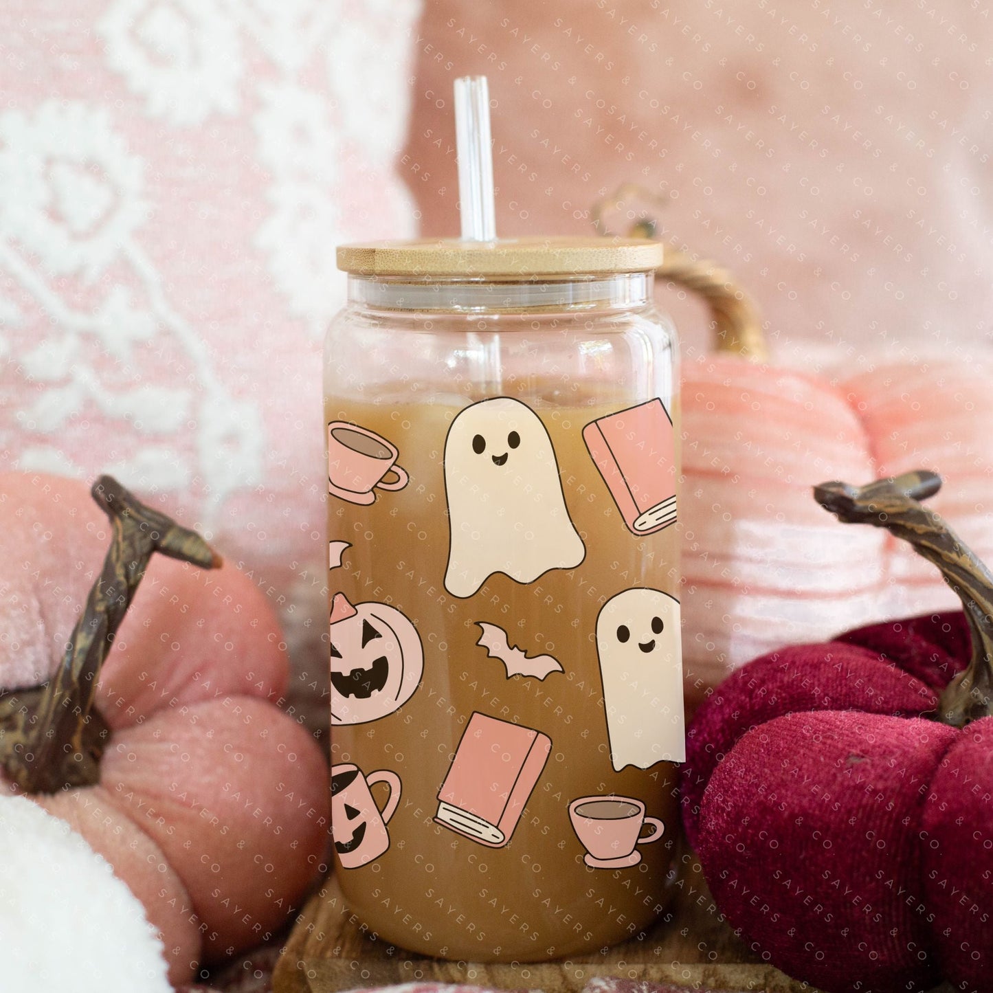 16oz Glass Cup with Bamboo Lid & Straw - Book Ghosts