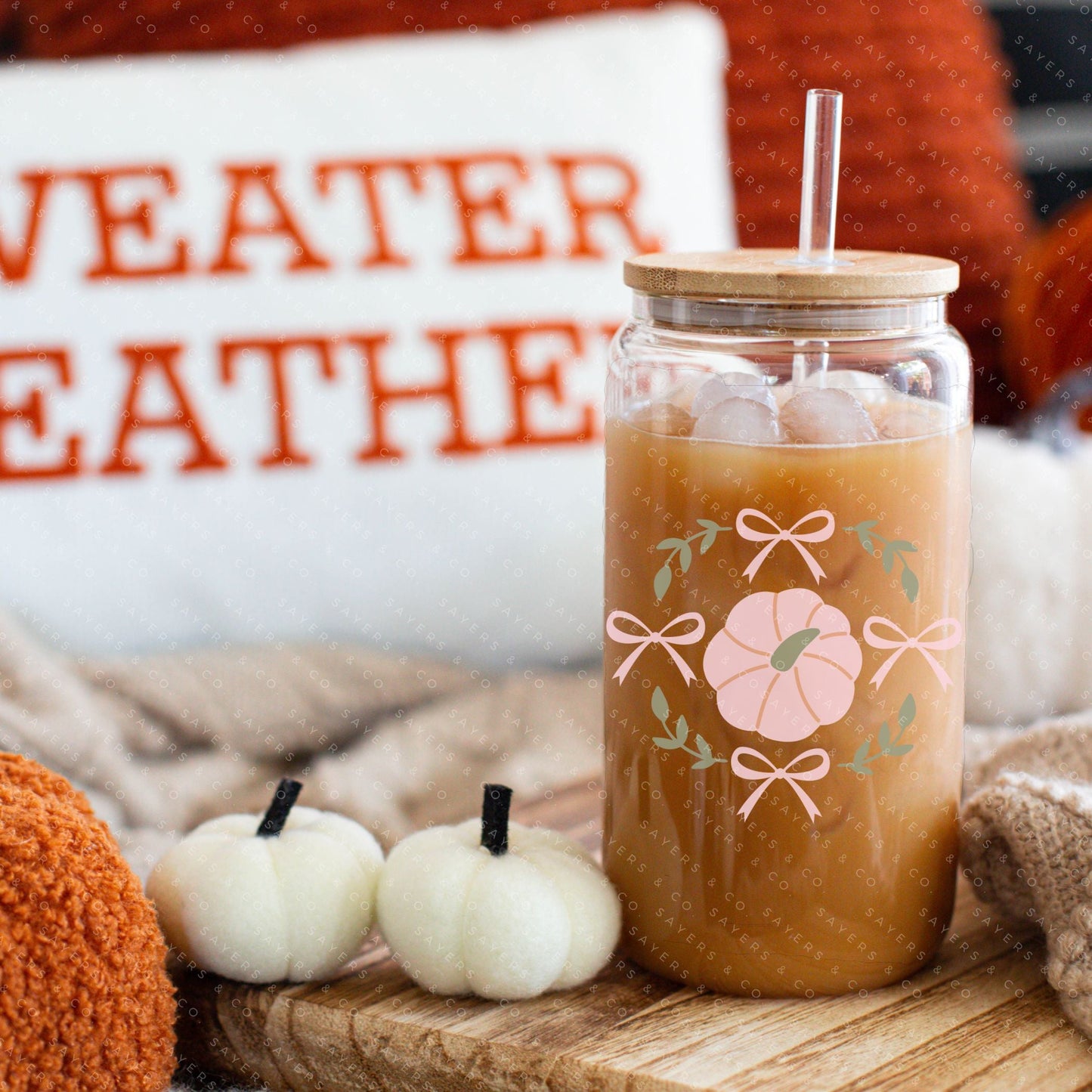 16oz Glass Cup with Bamboo Lid & Straw - Pumpkin design