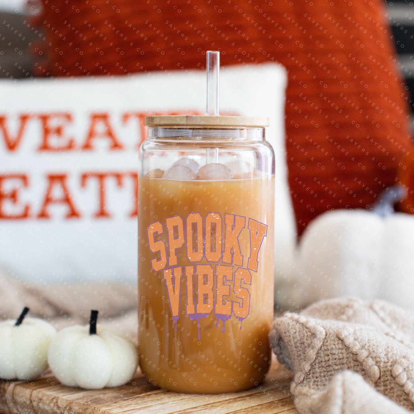 16oz Spooky Vibes Retro Glass Cup with Bamboo Lid & Straw