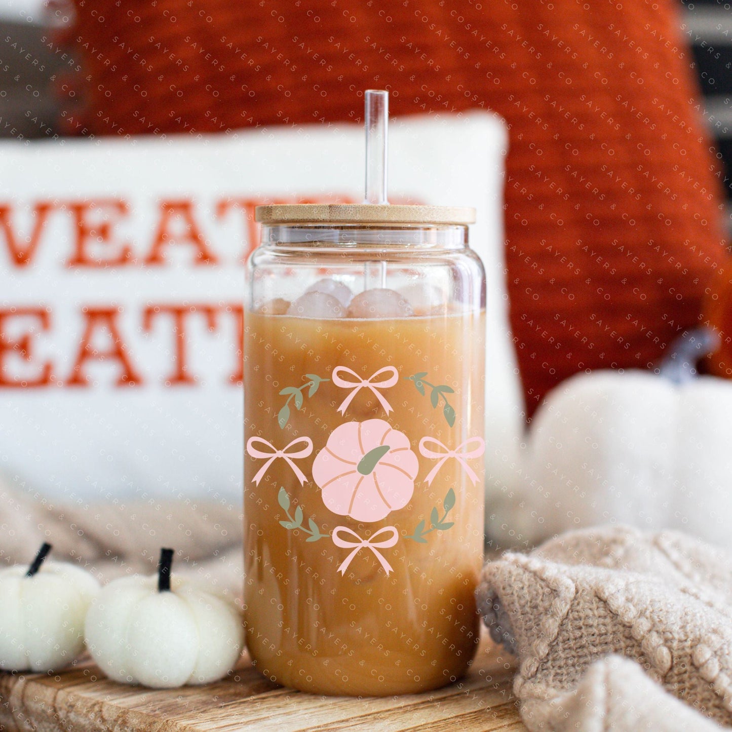 16oz Glass Cup with Bamboo Lid & Straw - Pumpkin design