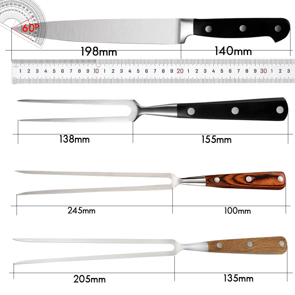 Stainless Steel Carving Knife Fork Set Brisket Slicing Knife Meat Cutting Teppanyaki Japanese Korea BBQ Resturant Chefs Tool