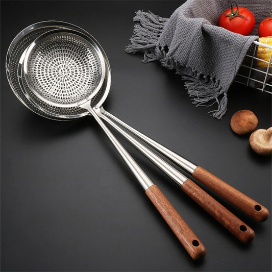 Wooden Handle Stainless Steel Colander Pasta Noodle Strainer Skimmer Spoon Oil Pot Food Filter Drainer Cooking Kitchen Utensils