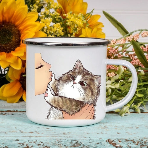 Cartoon Cat Print Enamel Coffee/Tea Mugs