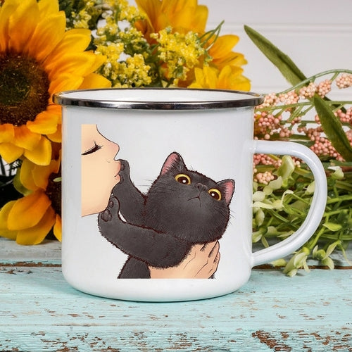 Cartoon Cat Print Enamel Coffee/Tea Mugs