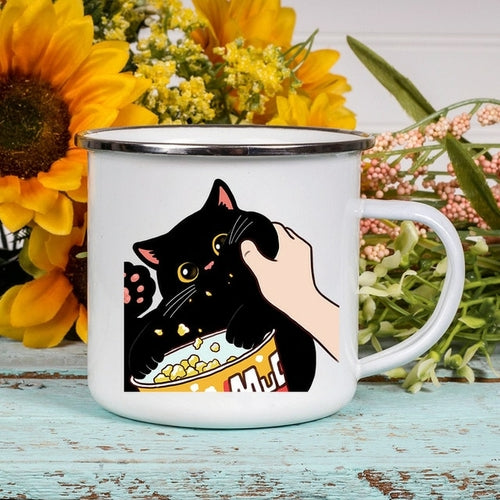 Cartoon Cat Print Enamel Coffee/Tea Mugs