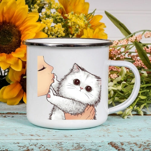 Cartoon Cat Print Enamel Coffee/Tea Mugs