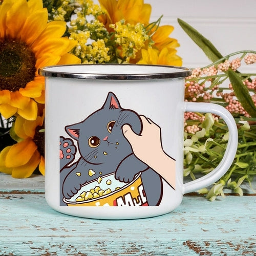 Cartoon Cat Print Enamel Coffee/Tea Mugs