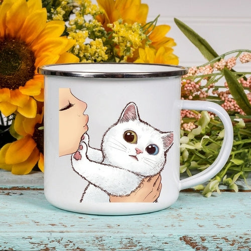 Cartoon Cat Print Enamel Coffee/Tea Mugs