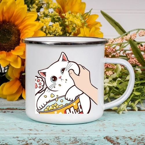 Cartoon Cat Print Enamel Coffee/Tea Mugs