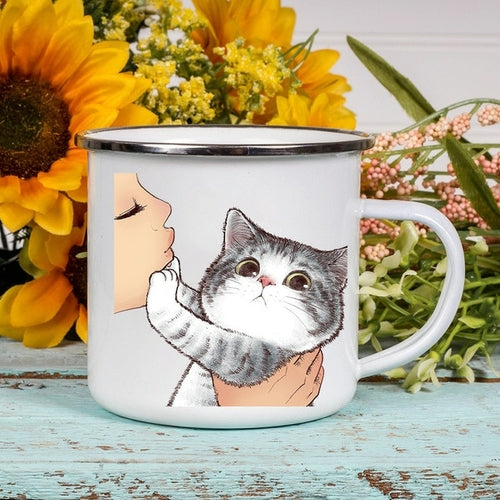 Cartoon Cat Print Enamel Coffee/Tea Mugs