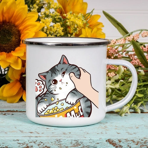 Cartoon Cat Print Enamel Coffee/Tea Mugs