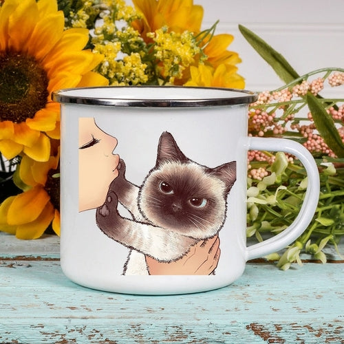 Cartoon Cat Print Enamel Coffee/Tea Mugs