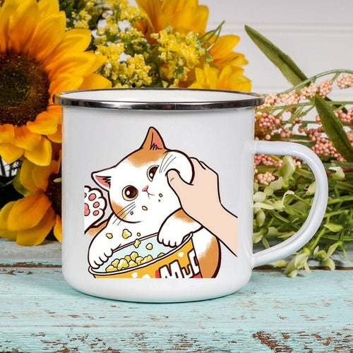 Cartoon Cat Print Enamel Coffee/Tea Mugs