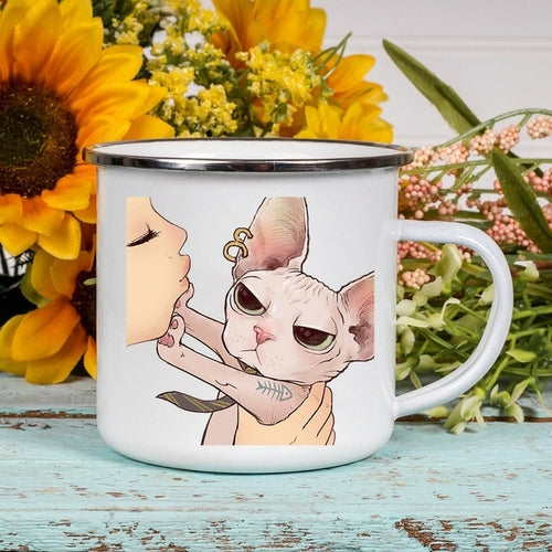 Cartoon Cat Print Enamel Coffee/Tea Mugs