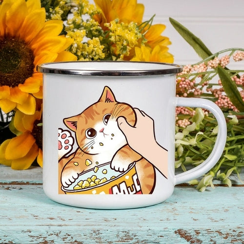 Cartoon Cat Print Enamel Coffee/Tea Mugs