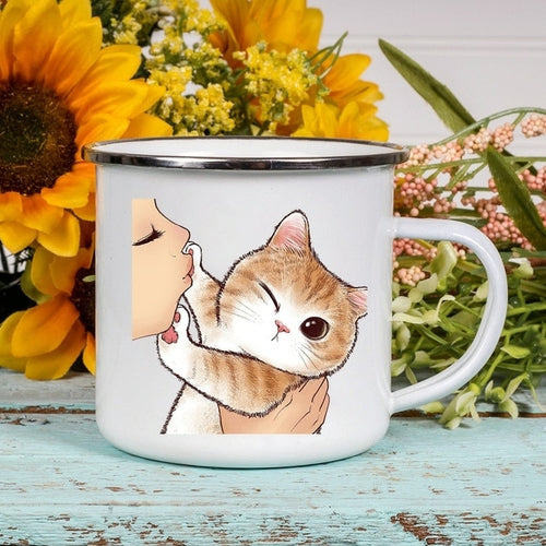 Cartoon Cat Print Enamel Coffee/Tea Mugs