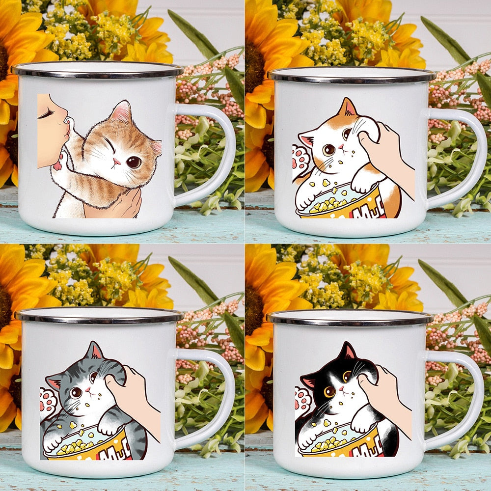 Cartoon Cat Print Enamel Coffee/Tea Mugs