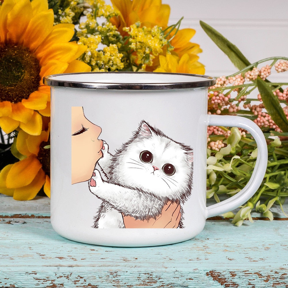 Cartoon Cat Print Enamel Coffee/Tea Mugs