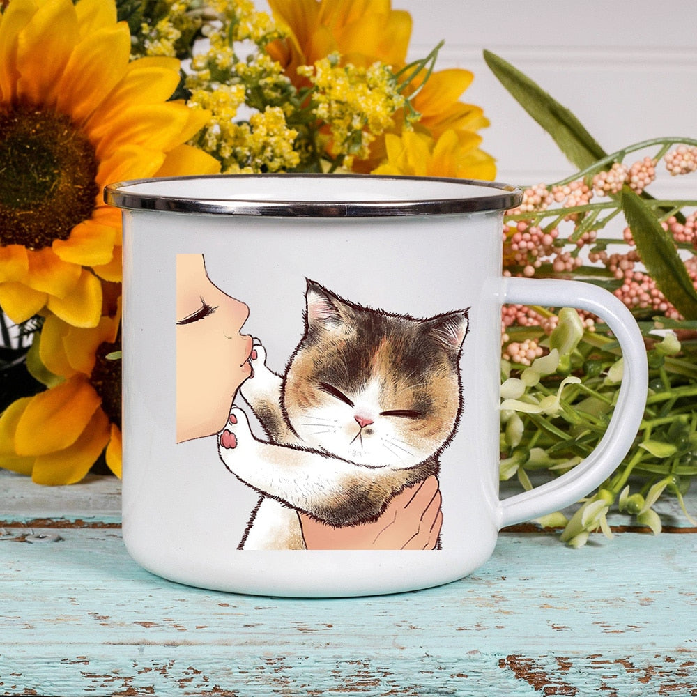 Cartoon Cat Print Enamel Coffee/Tea Mugs