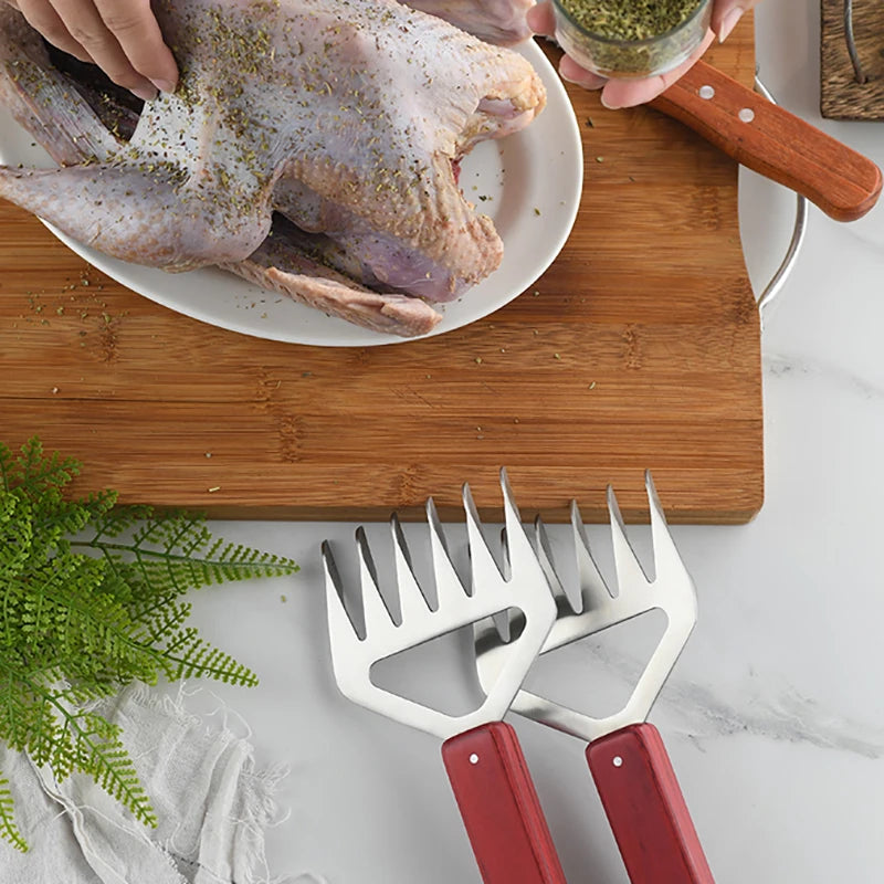 Stainless Steel Meat Claws with Wooden Handle, Forks Shredding, Metal