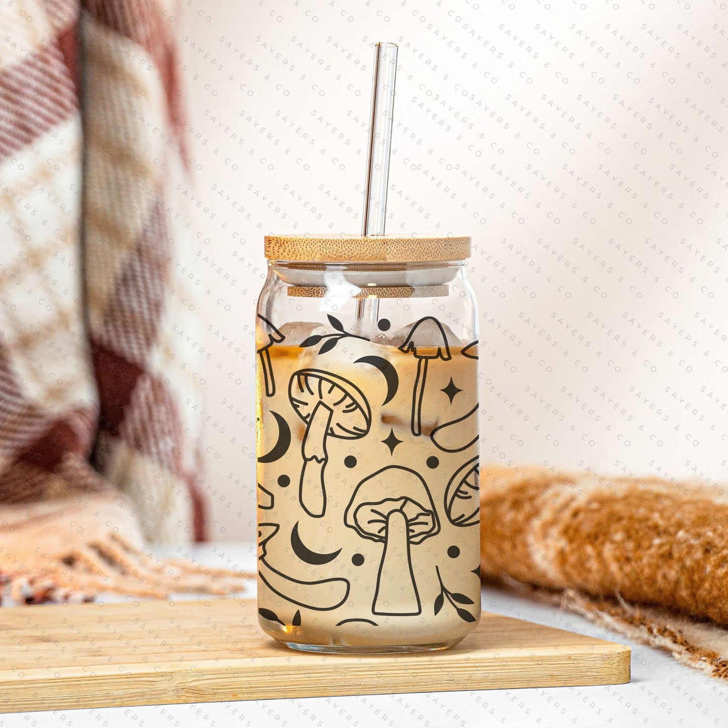 16oz Glass Cup with Bamboo Lid & Straw - Mushroom Magic