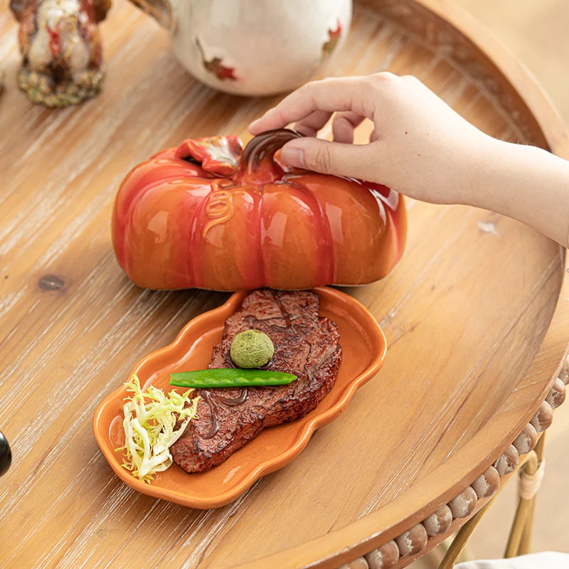 Cute and Novel Pumpkin Dining/Snack Plate with Lid - Ceramic