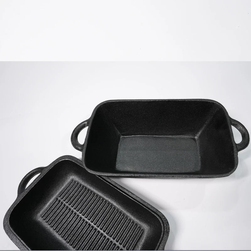 11.8" x 7.36" Preseasoned Cast Iron Grill Pan - Double Use Cookware