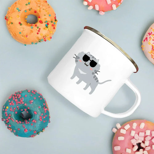 Handle Enamel Cup Cartoon Cat Mug - Coffee/Tea