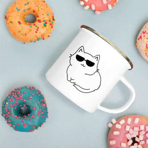 Handle Enamel Cup Cartoon Cat Mug - Coffee/Tea