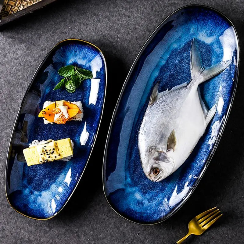 Japanese Style Kiln Cat Tye Blue Fish Plate - Serving Platter