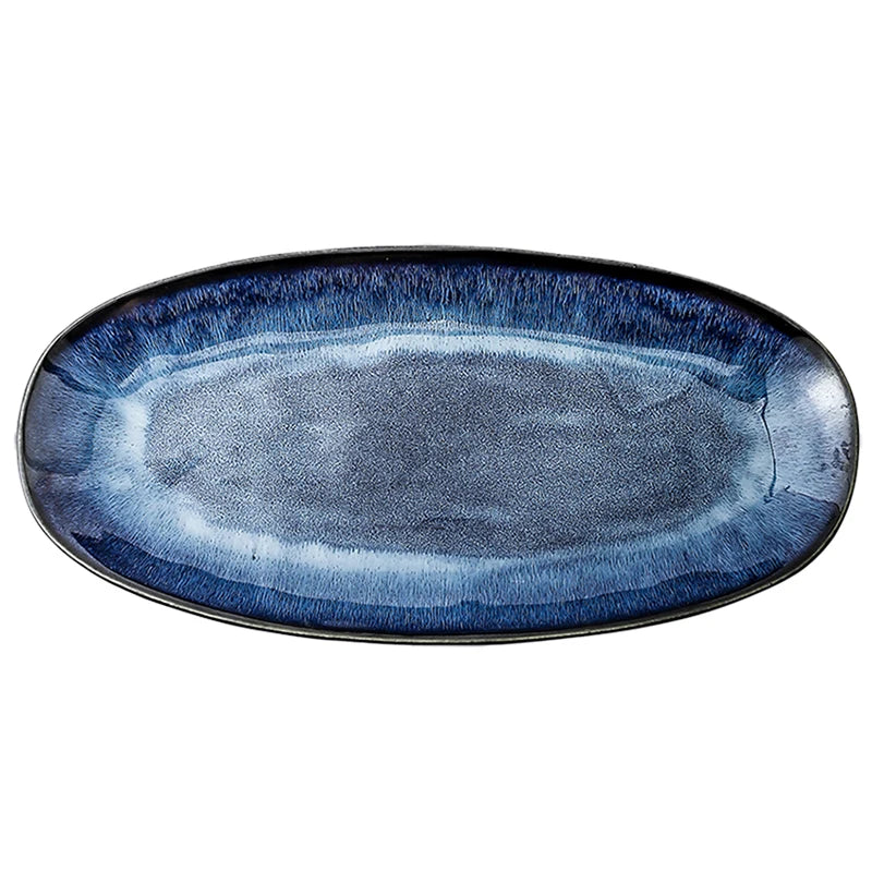 Japanese Style Kiln Cat Tye Blue Fish Plate - Serving Platter