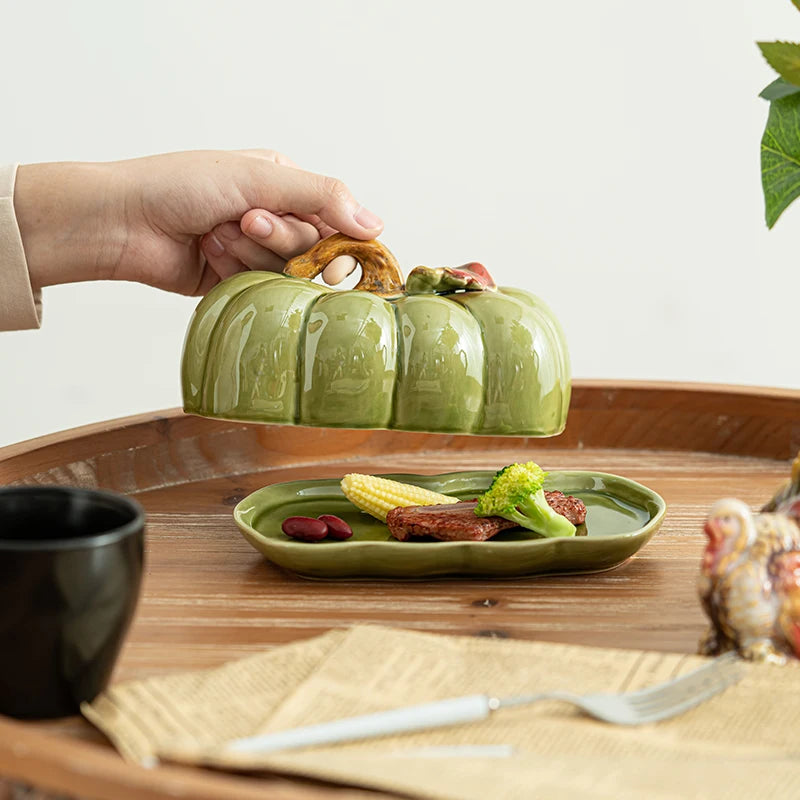 Cute and Novel Pumpkin Dining/Snack Plate with Lid - Ceramic