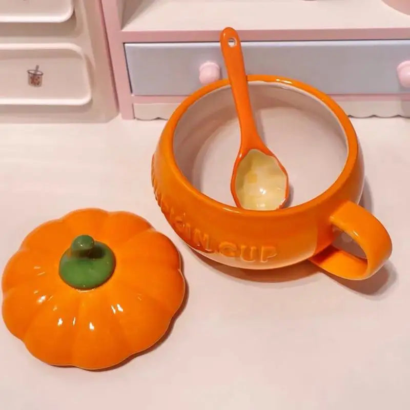 Ceramic Thermos Cup with Lid - Pumpkin Shaped