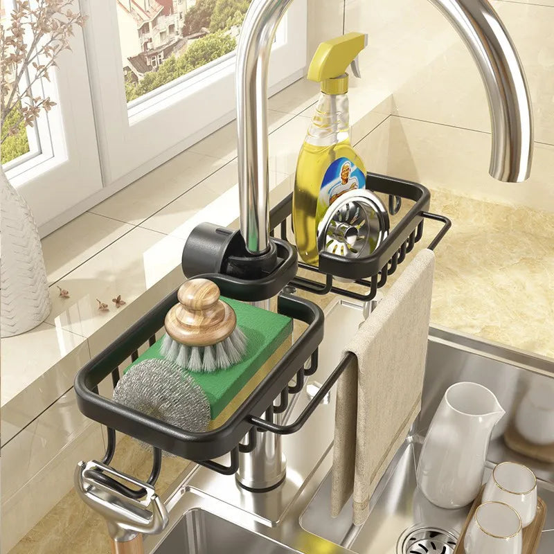 Kitchen Space Aluminum Sink Drain Rack Sponge Storage Faucet Holder