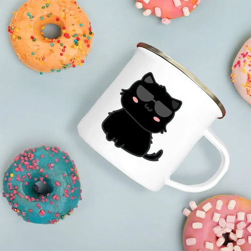 Handle Enamel Cup Cartoon Cat Mug - Coffee/Tea