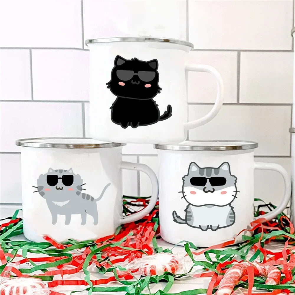 Handle Enamel Cup Cartoon Cat Mug - Coffee/Tea