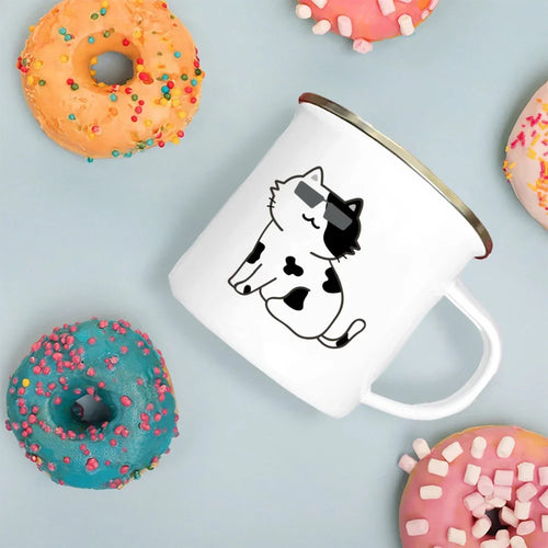 Handle Enamel Cup Cartoon Cat Mug - Coffee/Tea