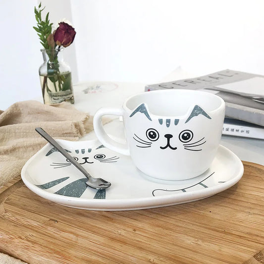 Cute Cat Ceramics Coffee/Tea Mug Set with Tray