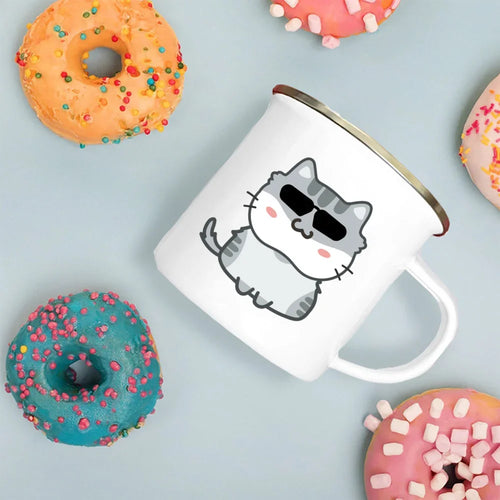 Handle Enamel Cup Cartoon Cat Mug - Coffee/Tea