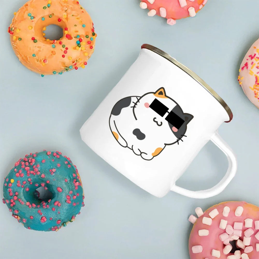 Handle Enamel Cup Cartoon Cat Mug - Coffee/Tea